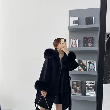 2024 New Oversize Ladies Outerwear Real Fur Coat Winter Jacket Women Natural Fox Fur Collar Cuffs Hood Cashmere Wool Woolen