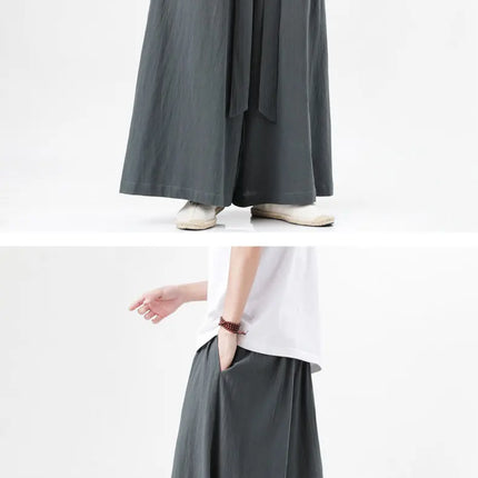 Pantaloni retrò in cotone e lino stile cinese Uomo Kimono estivo Pantaloni tradizionali in tinta unita Pantaloni casual a gamba larga streetwear maschile