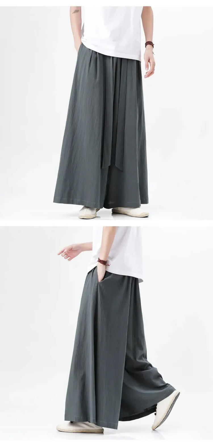 Pantaloni retrò in cotone e lino stile cinese Uomo Kimono estivo Pantaloni tradizionali in tinta unita Pantaloni casual a gamba larga streetwear maschile