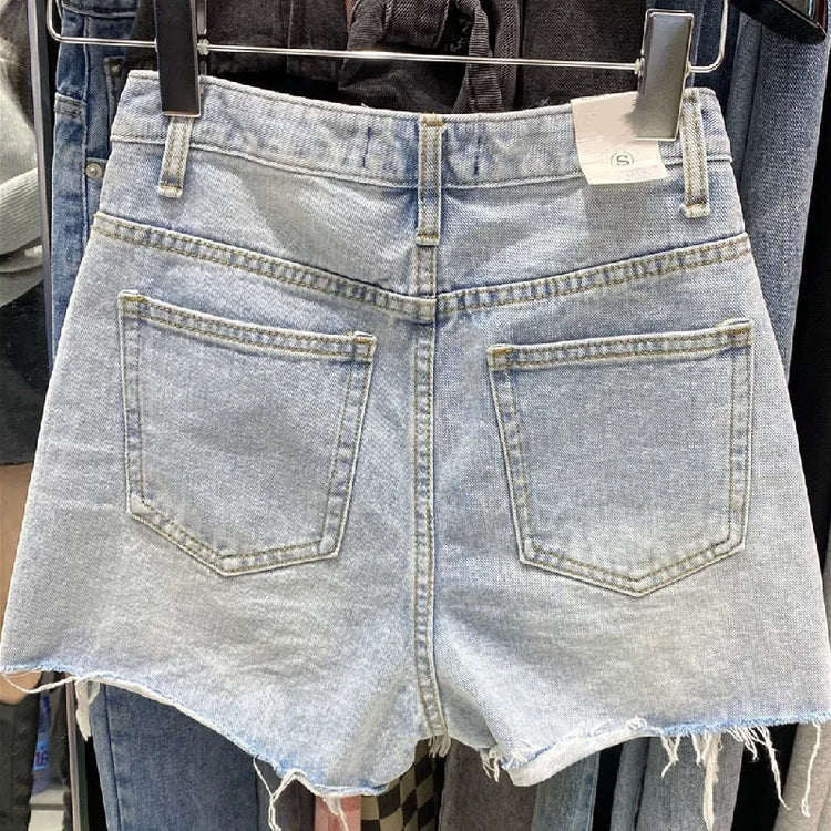 Y2k Pantaloncini di jeans strappati da donna Nuova linea A ampia con bordi sfilacciati per pantaloni corti estivi Pantaloncini di jeans streetwear da donna neri