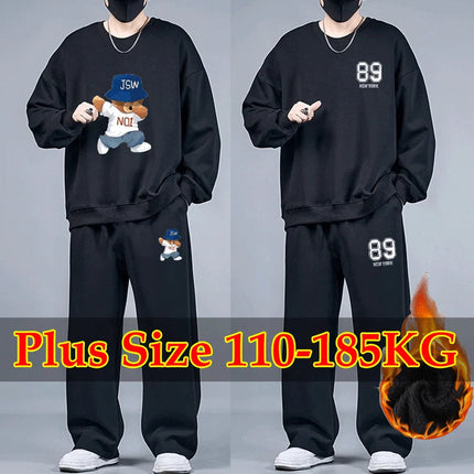 2pcs Set Men's Sweatshirts Pants Plus Size Fleece-lined Tops Sports Jogging Trousers Fashion Casual Pullover Hoodies Sweatpants PlatiNum