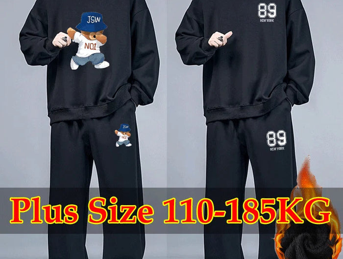 2pcs Set Men's Sweatshirts Pants Plus Size Fleece-lined Tops Sports Jogging Trousers Fashion Casual Pullover Hoodies Sweatpants PlatiNum