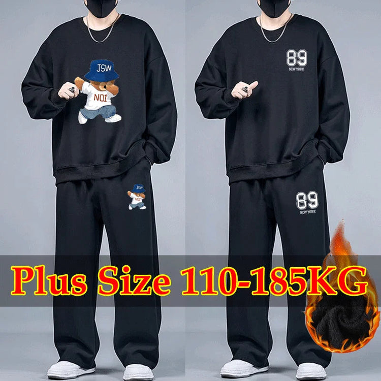 2pcs Set Men's Sweatshirts Pants Plus Size Fleece-lined Tops Sports Jogging Trousers Fashion Casual Pullover Hoodies Sweatpants PlatiNum