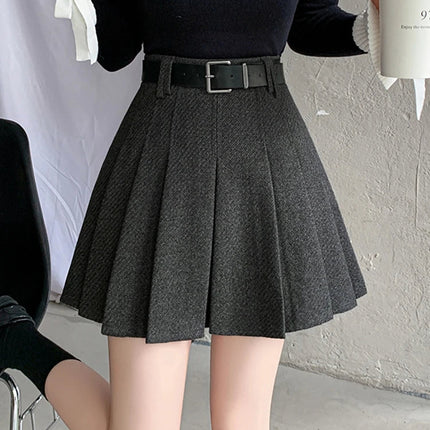 Vintage Winter Pleated Mini Skirt Women Streetwear High Waist Woolen Cute Skater Skirts With Shorts Belt Grey Black Skirt Woman PlatiNum