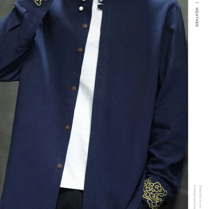 Camicie da Uomo di Alta Qualità con Ricami in Stile Cinese, Colletto Rialzato Retrò, in Lino Comodo e Traspirante, Camicie Casual da Uomo