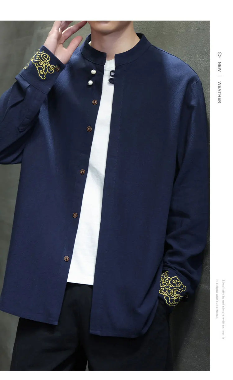 Camicie da Uomo di Alta Qualità con Ricami in Stile Cinese, Colletto Rialzato Retrò, in Lino Comodo e Traspirante, Camicie Casual da Uomo