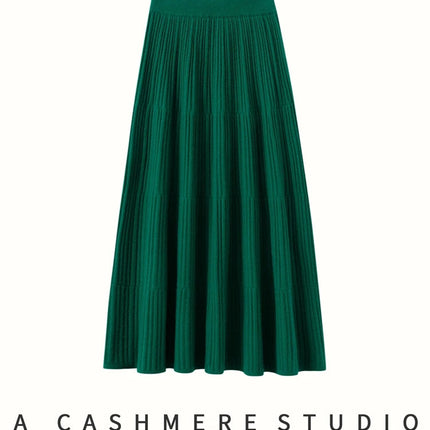 Autumn Winter Women Tiered Skirt Cashmere A-line Pleated Skirt Elastic Waist 100% Cashmere Knitted High Quality Soft Solid Dress PlatiNum