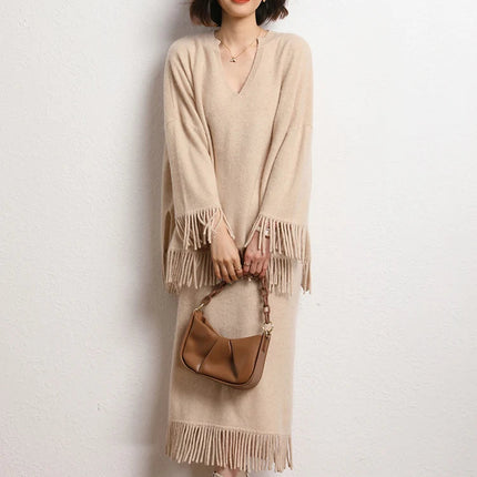 New Straight A-line Skirt Women's 100% Cashmere knitwear Spring Autumn Casual Loose Tassels Soft High Waist Mid Length Skirt PlatiNum