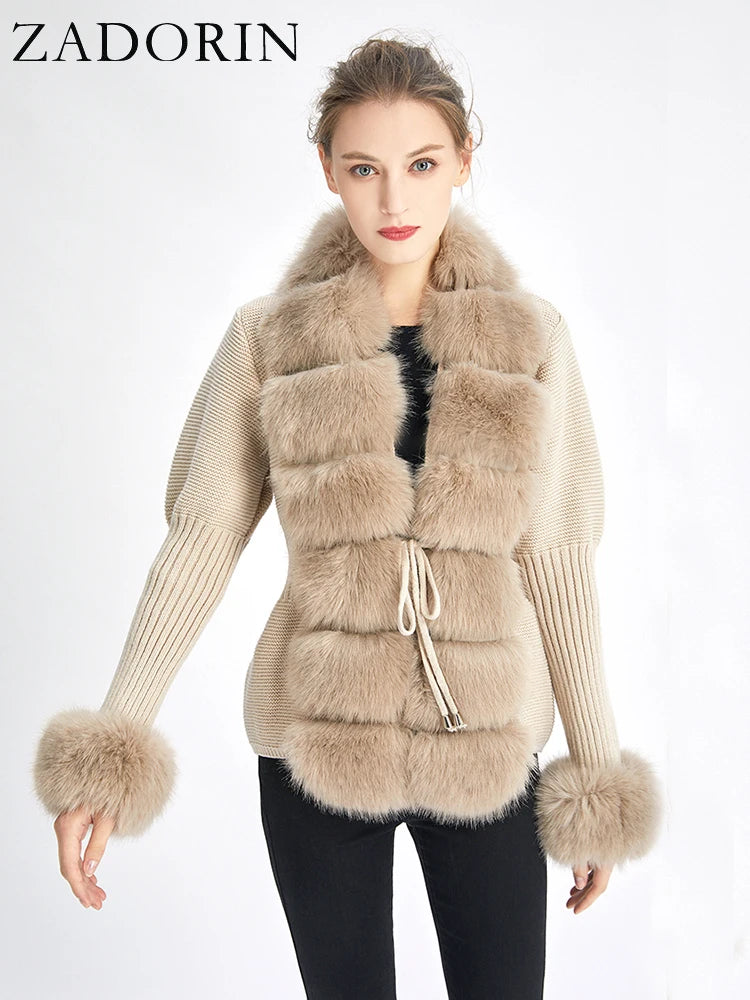 ZADORIN 2026 Chic Fur Cardigan Knitted Sweater Luxury Detachable Faux Fur White Pink Black Sweaters Cardigans Woman Tops Clothes