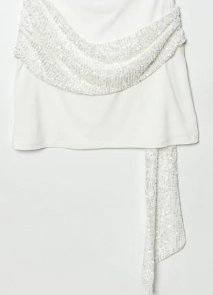 HH 2026 Abito Corto Elegante da Donna Bianco con Maniche Corte, Schiena Scoperta e Decorazioni in Paillettes, Mini Abito Sexy alla Moda per Feste platinumshop