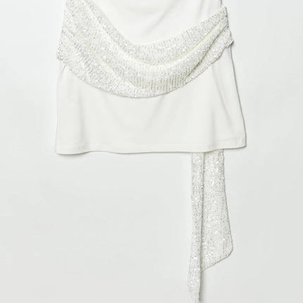 HH 2026 Abito Corto Elegante da Donna Bianco con Maniche Corte, Schiena Scoperta e Decorazioni in Paillettes, Mini Abito Sexy alla Moda per Feste platinumshop