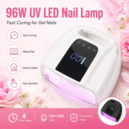 96W Wireless UV LED Nail Dryer, Rechargeable Nail Lamp with Metal Base, Portable Cordless Manicure Curing Light for Gel Polish