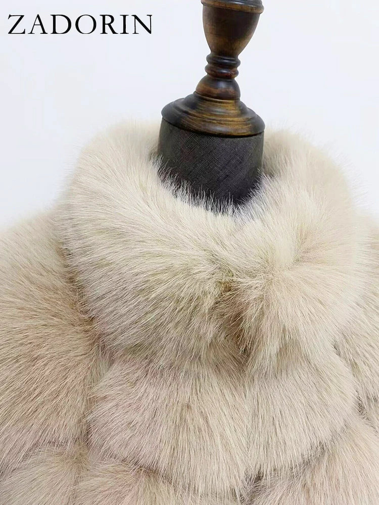 ZADORIN Winter Clothes For Women Stand Collar Splicing Long Sleeve Faux Fur Coat Women Black White Fluffy Jacket Faux Fur Coats