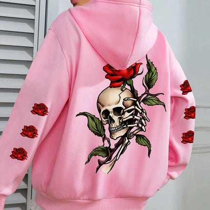 Oversized Y2K Skull and Rose Pattern - Hoodie - Soft Casual Long Sleeve Pocket, Comfortable Women's Oversized Daily Clothing