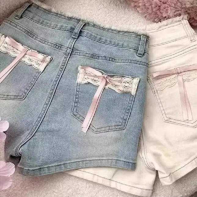 Lace Bow Denim Shorts Women's Summer New High Waisted Large Size Short Jeans Trend Raw Edge Spicy Girl High Street Hot Pant PlatiNum