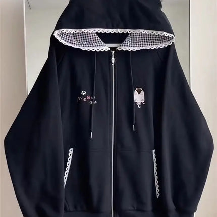 Zipper Hoodie Gothic Cartoon Kawaii Cat Ear Y2k Jacket Zip Up Thin Coat Spring Autumn Cute Core 2000s Clothes Fall Sweatshirts