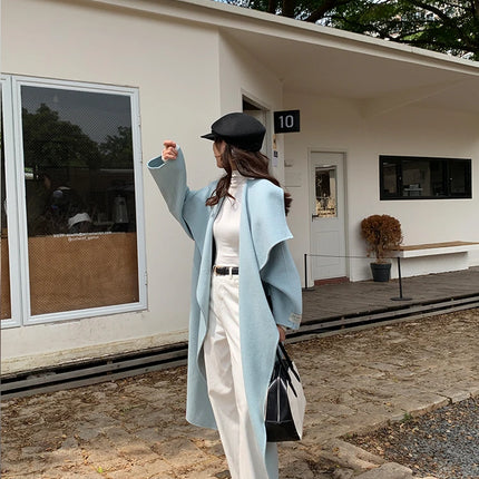 High-end Women Double-sided Wool Long Coat Warm Baby Blue Lapel Loose Double Breasted Wool Coat Female Fashion Autumn Winter