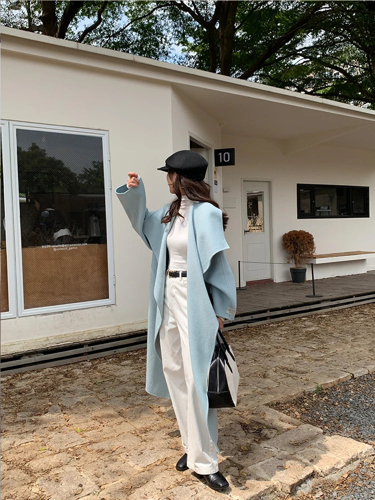 High-end Women Double-sided Wool Long Coat Warm Baby Blue Lapel Loose Double Breasted Wool Coat Female Fashion Autumn Winter