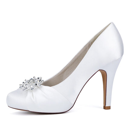 Primavera Boca de pescado Punta redonda Diamantes de imitación de seda Zapatos de boda impermeables de tacón alto para mesa Sandalias de mujer de talla grande para vestido de banquete