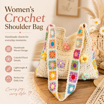 Borsa tote da donna in stile boho con motivo floreale all'uncinetto, borsa a tracolla in maglia intrecciata di grande capacità, borsa da spiaggia estiva per ragazze