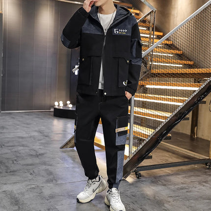 Men's Casual Sports Sets Spring Autumn Tracksuit Jogging Set Patchwork flight Hooded jacket pants two Piece
