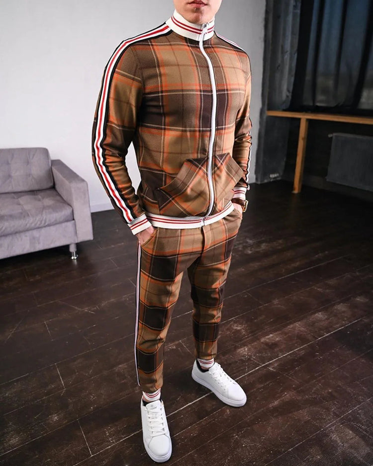 2025 Men Tracksuit 2pc Set Gym Hiking Plaid Zipper Hoodie Cargo Pants Autumn Athleisure Outfit Fleece Jogger Sportswear PlatiNum