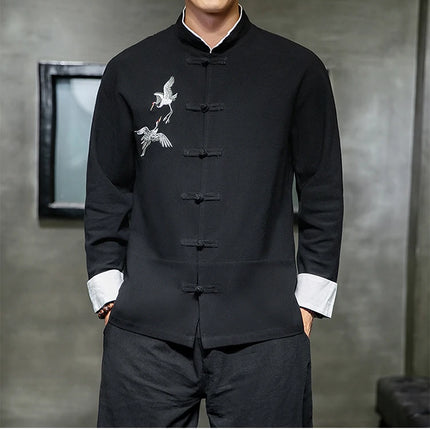 Camicie con ricamo gru Abbigliamento tradizionale cinese vintage Mezza manica da uomo in lino Solido colletto Madarin Cardigan Hanfu Kungfu