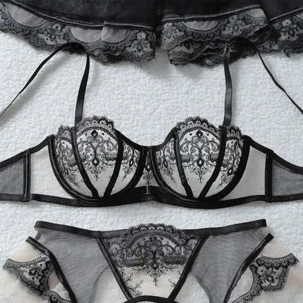 Tornova Erotic Underwear Fashionable See-through Veil with Floral Embroidery Slim-fitting Sexy Hot Underwear Split Five-pieceset