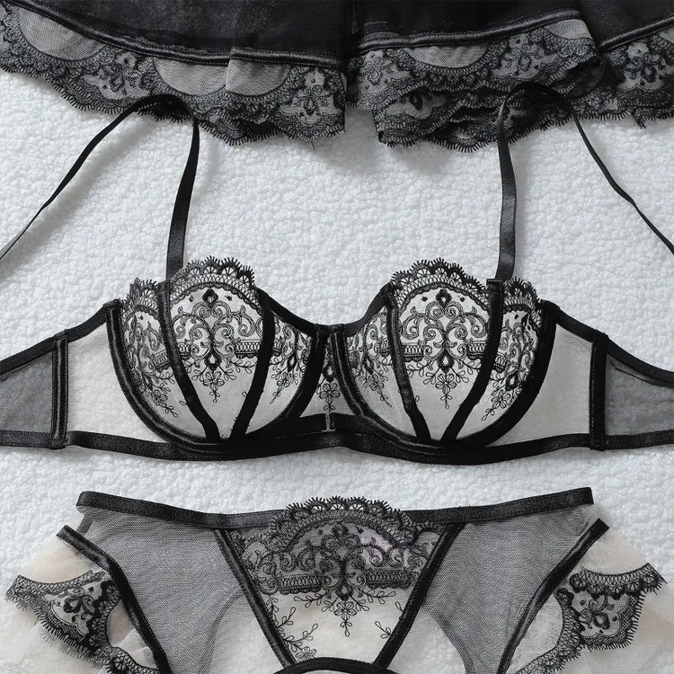 Tornova Erotic Underwear Fashionable See-through Veil with Floral Embroidery Slim-fitting Sexy Hot Underwear Split Five-pieceset