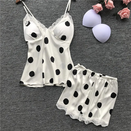 Nuovo set di biancheria intima da donna in due pezzi, composto da canotta e pantaloncini in raso a pois, stile europeo e americano, semplice e casual.
