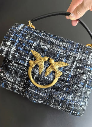 Nuova Borsa a Tracolla/Crossbody da Donna 2026 Ispirata a Pinko in Tweed con Cigno, in Vera Pelle