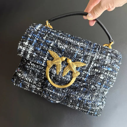 Nuova Borsa a Tracolla/Crossbody da Donna 2026 Ispirata a Pinko in Tweed con Cigno, in Vera Pelle