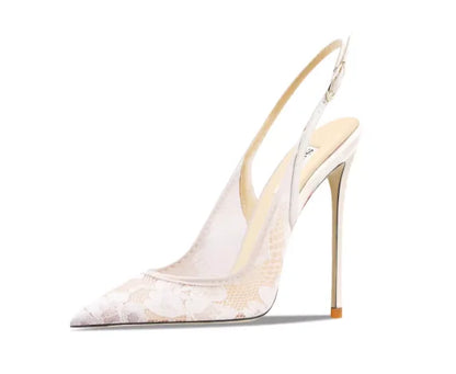 New white lace high-heeled sandals with pointed toes, thin heels, and shallow mouth, comfortable to wear with just one foot