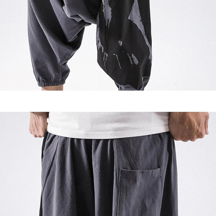 Pantaloni alla moda da uomo Samurai giapponese Ukiyo-e Cintura con stampa Pantaloni stile harem da uomo in cotone e lino Casual Oversize Harajuku Pantaloni a gamba larga da uomo