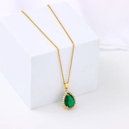 Nuovo In Vintage Light Luxury Green Water Drop zircone collana con ciondolo In cristallo per donna elegante catena da collo In acciaio inossidabile femminile