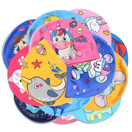 Kids Swim Cap Stretchy Fabric Cute Cartoon Long Hair Adorable Children Protect Ears Pool Hat for Boys and Girls