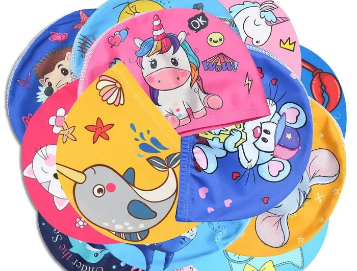 Kids Swim Cap Stretchy Fabric Cute Cartoon Long Hair Adorable Children Protect Ears Pool Hat for Boys and Girls
