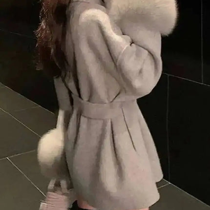 UCXQ Elegant Woolen Coat Temperament Office Lady Overcoats Fur Patchwork Long Sleeve Beautiful Women's Coats 2025 Winter New