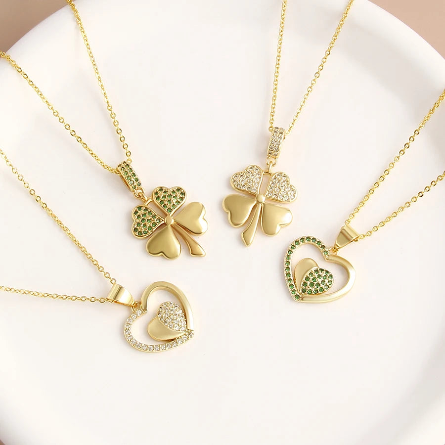 MHS.SUN Collana con ciondolo a doppio cuore alla moda per donne e ragazze Gioielli con catena a clavicola colver a quattro foglie placcati in oro di alta qualità