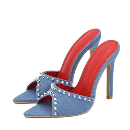 Liyke 2026 Mode d'été Rivet Métallique Designer Talons Hauts Pantoufles pour femmes Sexy Bout Pointu Fête Stripper Chaussures Sandales