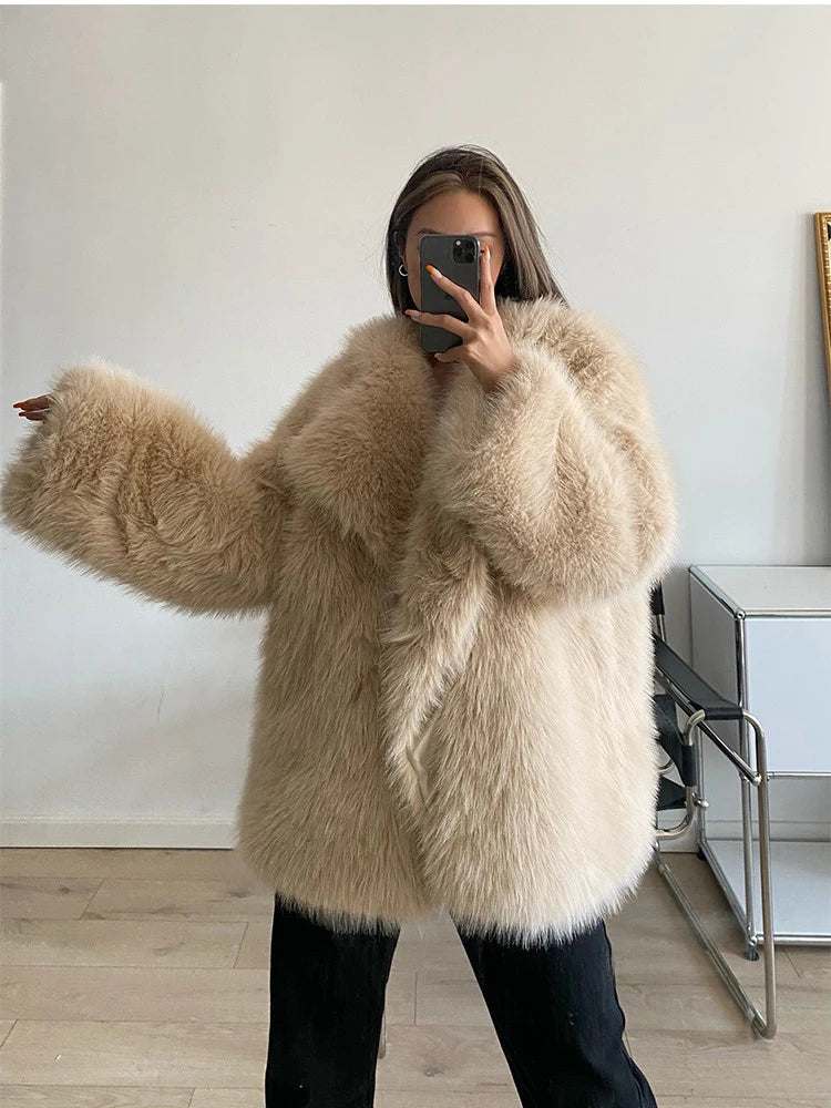 ZADORIN Korean Style Winter Warm Coat Women Mid Length Lapel Loose Faux Fox Fur Coat Luxury Overcoat Fluffy Fur Jacket Tops