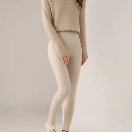 Women's Wool Leggings Slim Warm Autumn Winter High Waisted Elastic Tight Pants 100% Merino Wool Knitted Skin-friendly Leggings PlatiNum