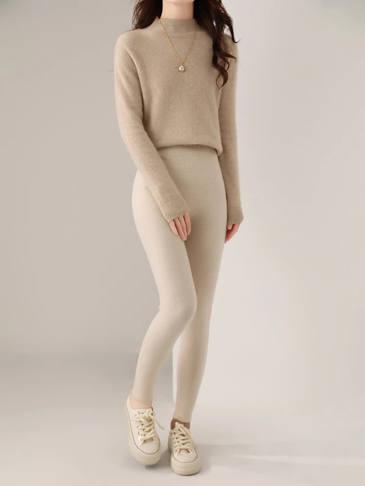 Women's Wool Leggings Slim Warm Autumn Winter High Waisted Elastic Tight Pants 100% Merino Wool Knitted Skin-friendly Leggings PlatiNum