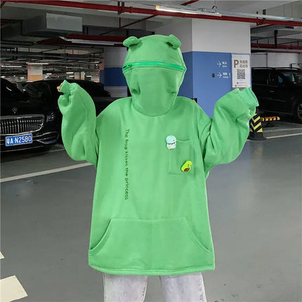 Y2K Autumn Winter Unisex Cartoon Frog Fleece Hoodies Loverly Zipper Loose Warm Sweatshirt Full Sleeve Harajuku Hooded Jackets