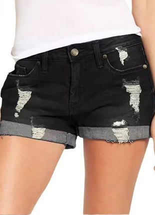 High-End Elastic Ripped Denim Shorts for Women Comfortable Fit Fashionable Tear Design PlatiNum