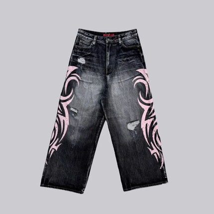 Women's Denim Jeans Wide Leg Long Pants High Waist Straight Hole Pants Y2k Streetwear Print Mom Jeans Casual Loose 2025