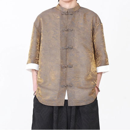 Camicia da Uomo di Lusso con Sfumature Colorate, Jacquard a Maniche Corte, Stile Cinese Tradizionale, Fresca per l'Estate, in Seta Ghiaccio