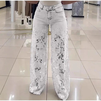 Jeans a Vita Alta e Gamba Larga, Pantaloni Estivi alla Moda con Inserti in Pizzo, Jeans in Denim Traforato e Drappeggiato, Jeans da Donna in Cotone con Cerniera per Primavera