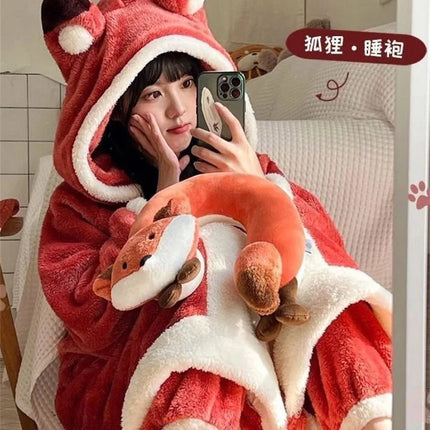 Cartoon Animal Fox Pajamas Women's Winter Coral Fleece Thickened One-Piece Plush Cute Long Hooded Plus Size Robe Home Wear