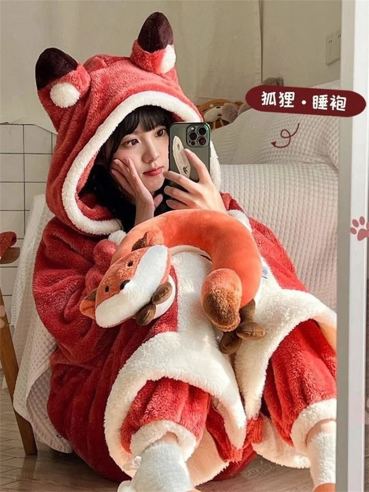 Cartoon Animal Fox Pajamas Women's Winter Coral Fleece Thickened One-Piece Plush Cute Long Hooded Plus Size Robe Home Wear